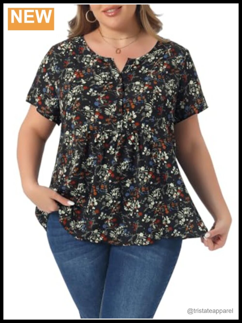 Plus Size Floral Short Sleeve Blouse Half Placket Casual Women's Summer Top